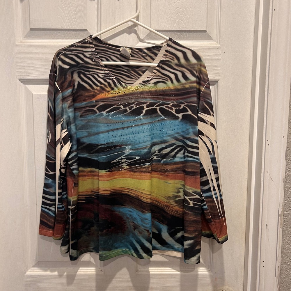 Jess & Jane Art‎ to Wear Safari Zebra Print Rhinestone V-Neck 1X Made USA Strech